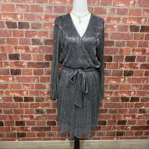 LARGE Black Metallic Wrap Tie Waist Mini Dress